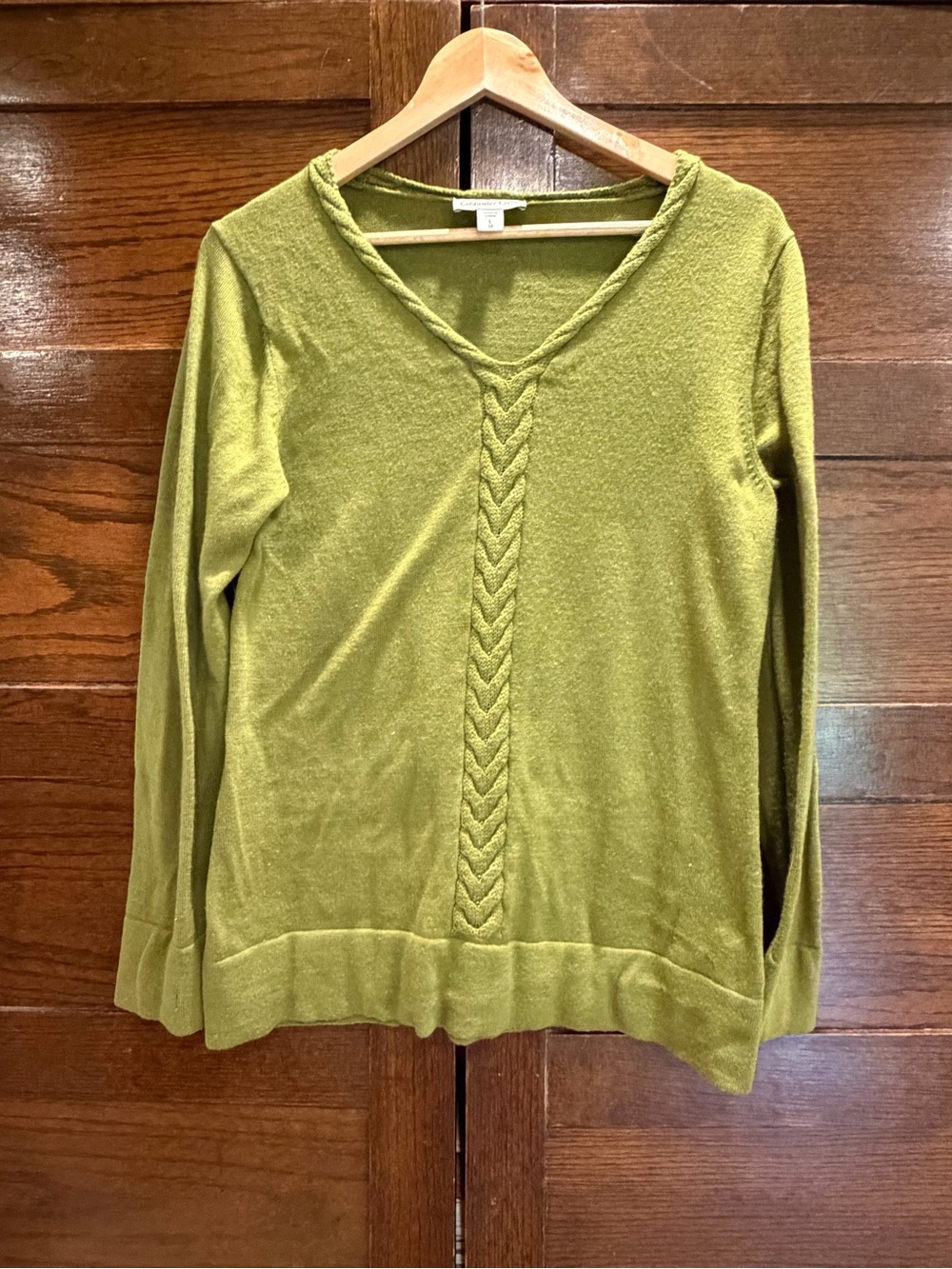 Coldwater Creek large merino wool blend Olive Green V-Neck Cable-Front Sweater